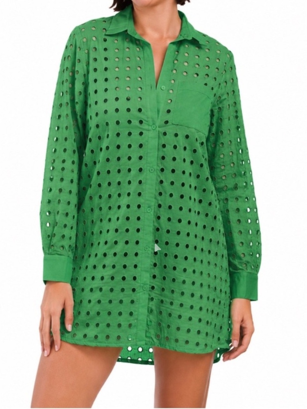 True Destinations 100% Cotton Green Eyelet Cover Up Tunic Dress Resort Beach L